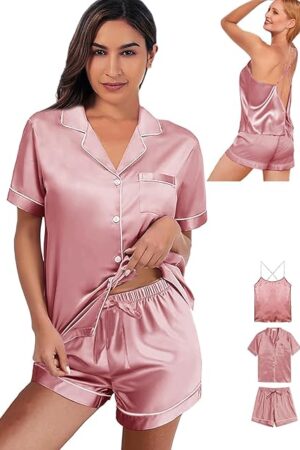 3Pcs Silk Pajamas Set for Women XS-4XL Satin Pajama Lingerie Pjs Cami Tops Silky Pj Sets Sleepwear Nightwear