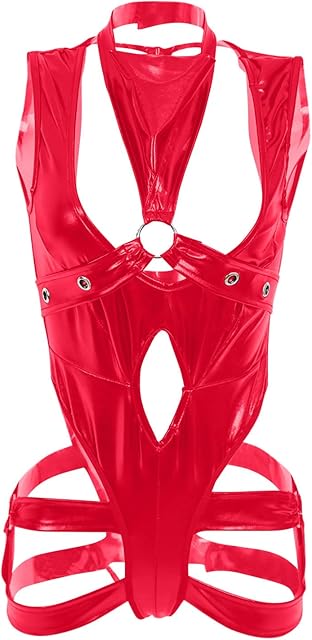 Womens One-piece Metallic PVC Leather Halter Neck Cut Out Leotard Shiny Bodysuit Sexy Jumpsuit Club Nightwear