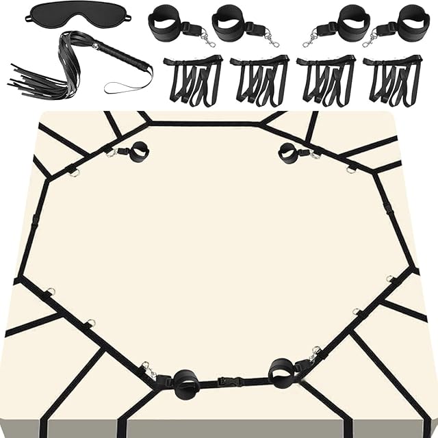Bondage Restraints BDSM Sex Bondage Kit Bed Restraints with Hand Cuff and Ankle Cuff BDSM Adult Sex Toys for Couples 10 Pcs Adult Sex Toys with 4 Adjustable Wrist Thigh Cuffs,Whip,Eye Mask