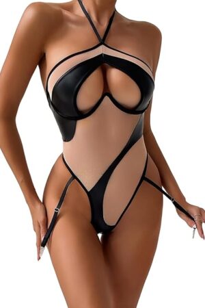 Woman Sexy Lingerie Set,Strappy Halter Teddy Lingerie, Black, One Piece Bodysuit with Garter Straps