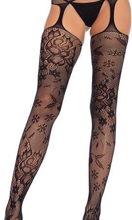 Women's Lace Top Fishnet Stockings with Attached Garter Belt