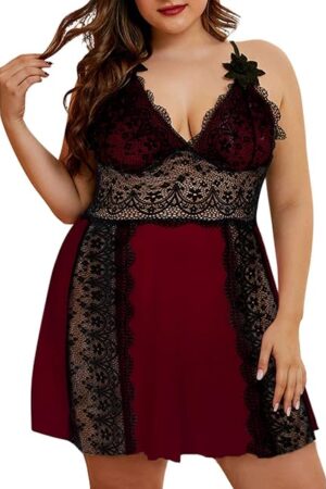 Women Plus Size Lace Mesh Babydoll Lingerie Sleepwear Chemise Nightgown