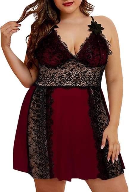 Women Plus Size Lace Mesh Babydoll Lingerie Sleepwear Chemise Nightgown