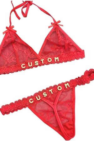 Custom Sexy Thongs Bras Set with Name Text for Women, Personalized Rhinestone Letters DIY See Through Lingerie Underwear, Birthday Valentines Day Gifts for Wife Girlfriend, One Size