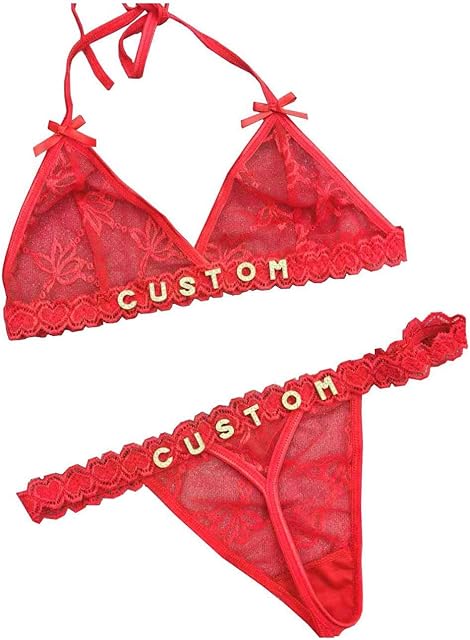 Custom Sexy Thongs Bras Set with Name Text for Women, Personalized Rhinestone Letters DIY See Through Lingerie Underwear, Birthday Valentines Day Gifts for Wife Girlfriend, One Size