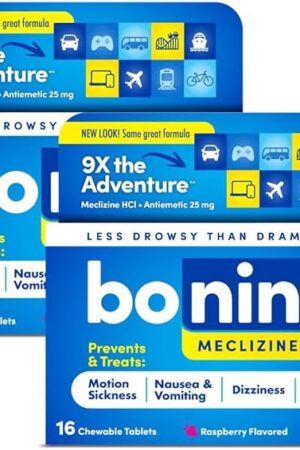 Bonine Non-Drowsy Motion Sickness Relief - 32 Chewable Tablets with Meclizine HCL 25mg - Non Drowsy Medicine for Nausea or Motion Sickness - Cruise Essentials - Raspberry Flavor