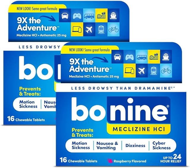 Bonine Non-Drowsy Motion Sickness Relief - 32 Chewable Tablets with Meclizine HCL 25mg - Non Drowsy Medicine for Nausea or Motion Sickness - Cruise Essentials - Raspberry Flavor