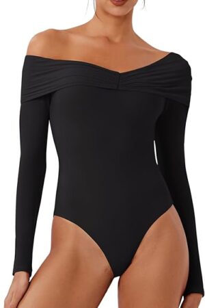 Women's Long Sleeve Oblique-Shoulder Double Layer Ruched Sexy Bodysuit 2025 Fall/Winter Designer Collection
