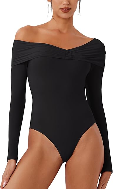 Women's Long Sleeve Oblique-Shoulder Double Layer Ruched Sexy Bodysuit 2025 Fall/Winter Designer Collection