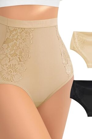 Women's High Waisted Underwear with Hollow Lace Side,Soft High Cut Stretchy Panties,Cheeky Coverage Briefs Multipack