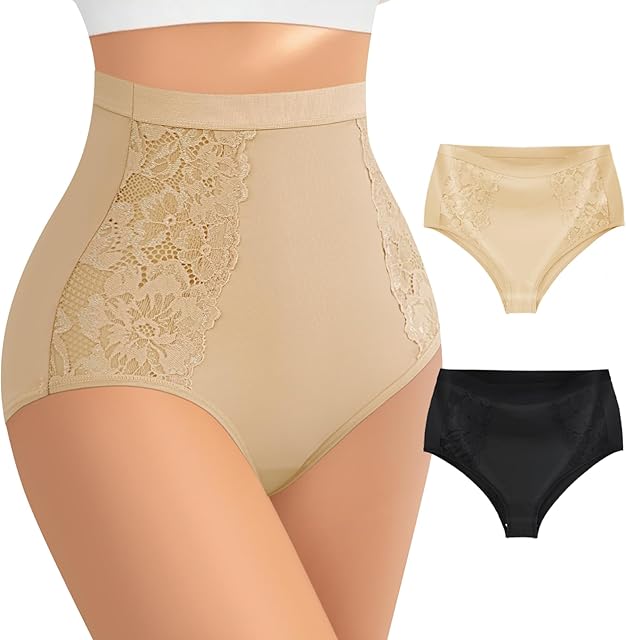 Women's High Waisted Underwear with Hollow Lace Side,Soft High Cut Stretchy Panties,Cheeky Coverage Briefs Multipack