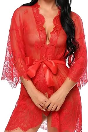 Women Sexy Lace Robe Erotic Deep V Pajamas Mesh Floral Nightgown with Straps Lingerie Thong Sheer Sleepwear Nightdress