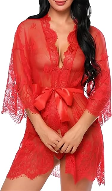 Women Sexy Lace Robe Erotic Deep V Pajamas Mesh Floral Nightgown with Straps Lingerie Thong Sheer Sleepwear Nightdress