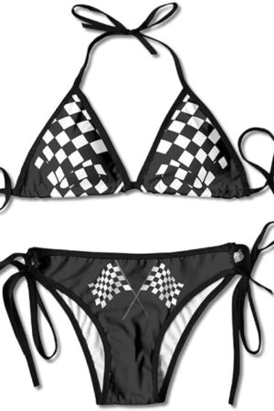 Checkered Flags Race Car Flag Women's Sexy Triangle Mesh Bikini Set Bathing Suit Beach Swimsuits Custom Pad Bra Swimwear Black