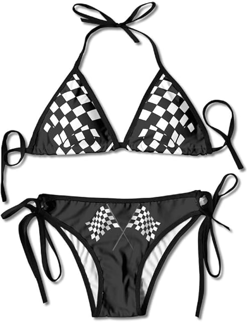Checkered Flags Race Car Flag Women's Sexy Triangle Mesh Bikini Set Bathing Suit Beach Swimsuits Custom Pad Bra Swimwear Black