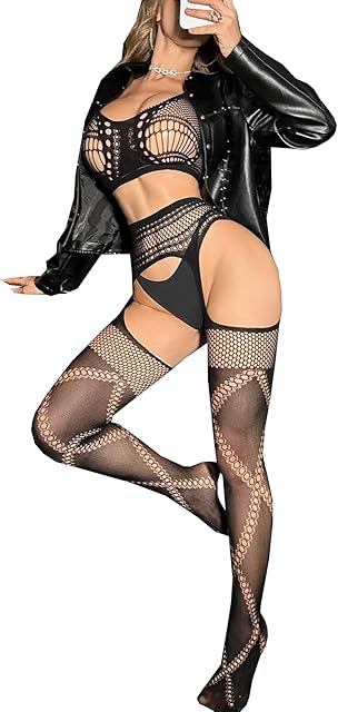 Womens Lingerie Sets for Women Sexy 2 Piece Crop Top and Thigh High Stockings Set Mesh Fishnet Bodysuit Rave Outfits