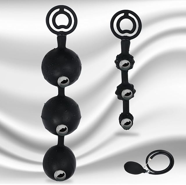 Inflatable Silicone Anal Plug with Cock/Penis Ring, Anal Balls Sex Toys with Spots on & Steel Beads in for More Vagina & Anus Stimulation Adult Anal Sex Toy (Triple Beads)