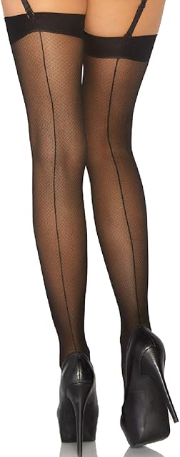 Women's Contrast Top Cuban Heel Backseam Stockings, Black, One Size
