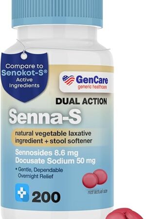 GenCare - Senna-S Natural Vegetable Laxative Plus Stool Softener Dual Action (200 Tablets) Value Pack | Gentle Dependable Overnight Relief of Occasional Constipation Generic for Senokot-S