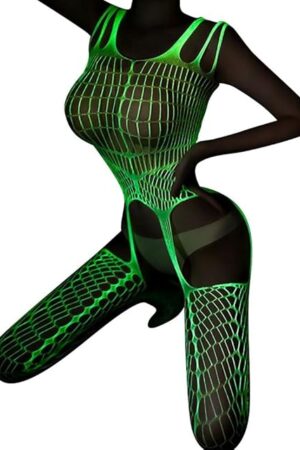 Glow in the Dark Fishnet Stockings, Luminous Sexy Green Fishnets Lingerie Tights High Waist Pantyhose One Piece Bodysuit