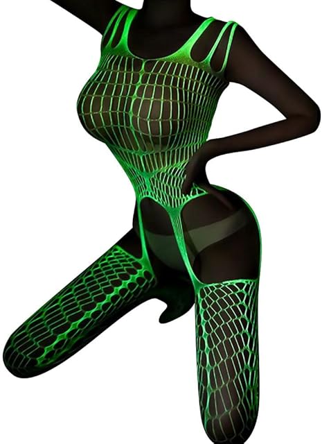 Glow in the Dark Fishnet Stockings, Luminous Sexy Green Fishnets Lingerie Tights High Waist Pantyhose One Piece Bodysuit
