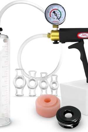 LeLuv Penis Pump Maxi Black Handle Installed Gauge - Bundle with Clear Hose, Donut, Vacuum Seal and 4 Sizes of Rings - 9 inch x 2 inch Cylinder