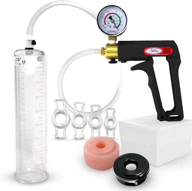 LeLuv Penis Pump Maxi Black Handle Installed Gauge - Bundle with Clear Hose, Donut, Vacuum Seal and 4 Sizes of Rings - 9 inch x 2 inch Cylinder