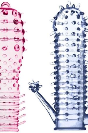Honeypleasures Male Condom Penis Sleeve Spiked Dotted Tentacles for Increased Sensation Sensitivty and Bed Play Textured with Ball Loop Reusable, Increase 10% Girth (2 Pack Blue/Pink)