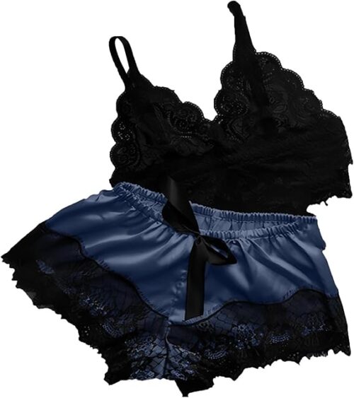 Womens Sexy Silk Satin Lace Pajamas Sets Cami Tank Crop Top Shorts Sets Sleepwear Boudoir Lingerie Sleep Loungewear