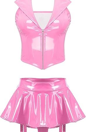 Women Sexy Latex Two Piece Lingerie Outfits with Halter Top and Ruffle Mini Skirt Garter Clips