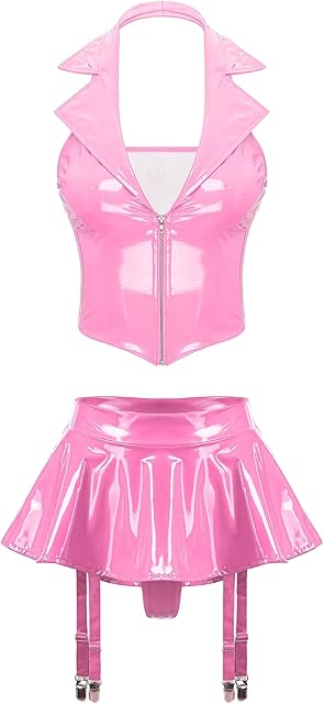 Women Sexy Latex Two Piece Lingerie Outfits with Halter Top and Ruffle Mini Skirt Garter Clips