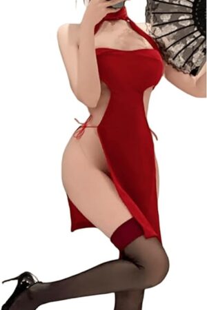 Women's Sexy Ultra Thin Lingerie Silk Nightgown Dress High Slit Leg Cheongsam Dress Chemise