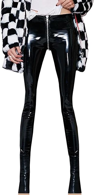 Women's Latex Zipper Crotch Leggings Sexy PVC Faux Leather Shiny Wet Look Black Red Tight Lingerie Pants