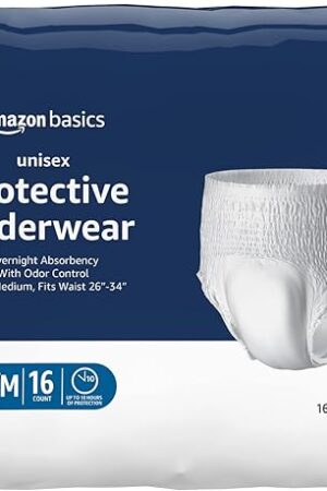 Amazon Basics Unisex Protective Underwear, Overnight Absorbency, Small/Medium, 16 Count, (1 Pack of 16)