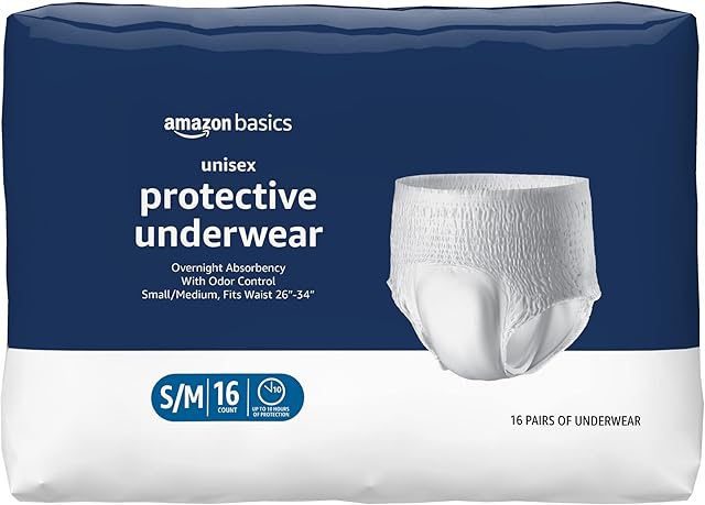 Amazon Basics Unisex Protective Underwear, Overnight Absorbency, Small/Medium, 16 Count, (1 Pack of 16)