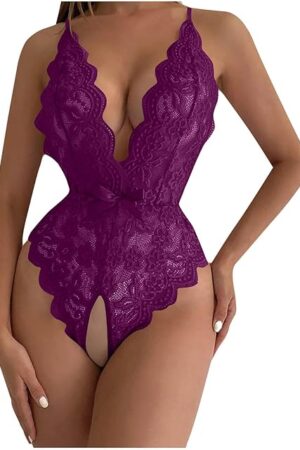 Women One Piece Lingerie Deep V Lace Bodysuit Babydoll Teddy Underwear Lace Teddy Boudoir Sexy Babydoll Nightgown