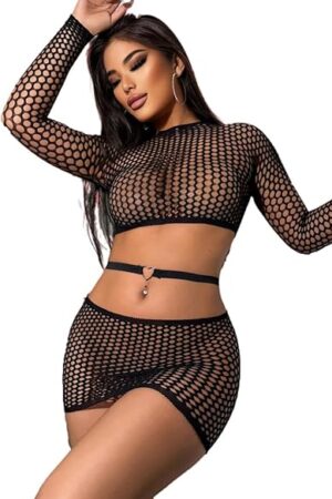Womens Lingerie Set Sexy Hollowed Out Fishnet Bodysuit 3pcs Fishnet Long Sleeve Top+Low-rise skirt+Love Belt