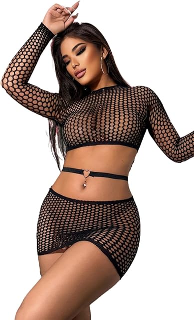 Womens Lingerie Set Sexy Hollowed Out Fishnet Bodysuit 3pcs Fishnet Long Sleeve Top+Low-rise skirt+Love Belt