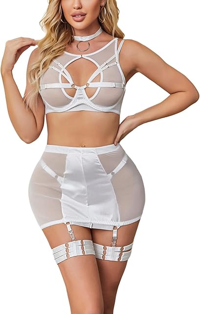 Women's Lingerie Sets Sexy Naughty 6 Piece Strappy Bra Thong with Skirt Garter Lingerie Outfits