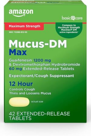 Amazon Basic Care Maximum Strength Mucus DM, Expectorant and Cough Suppressant Extended-Release Tablets, 42 Count