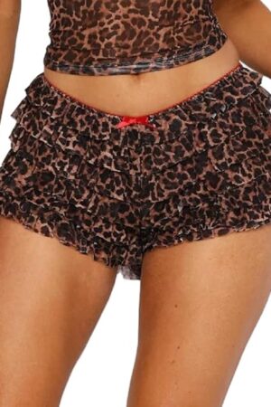 Women Leopard Ruffle Shorts Low Rise Micro Short Bloomers Sexy Cheetah Print Boy Shorts Cute Lace Booty Bottoms