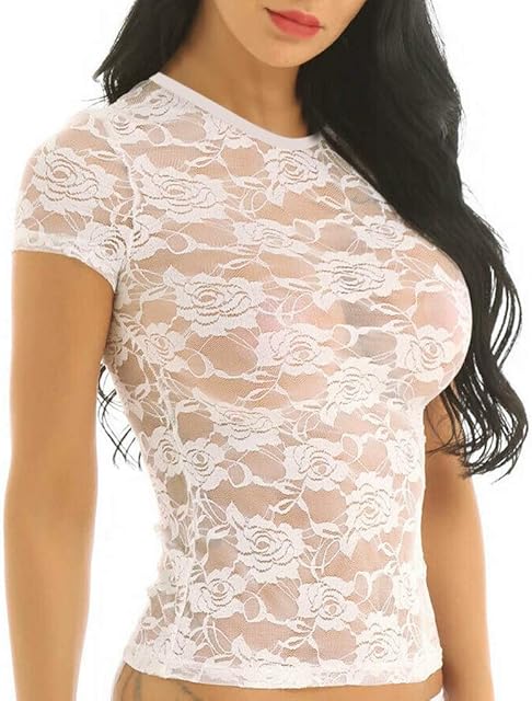 Lace Crop Casual Women's Tops See-Through Shirt Sleeve Short T Sheer Mesh Lingerie Women
