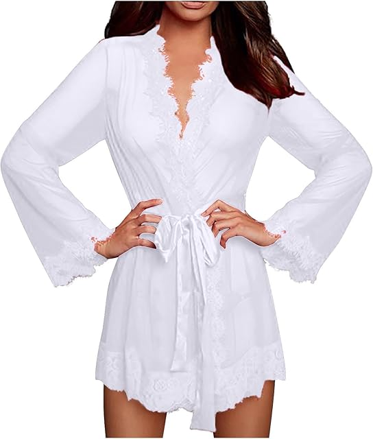 Women's Lace Kimono Robe Babydoll Lingerie Sexy Eyelash Mesh Nightgown Mini V Neck Nighty Sleepwear with Belt