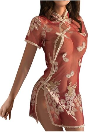 Women's Sexy Lace Mesh Transparent Cheongsam Cosplay Erotic Lingerie Open Front Side Button Mini Dress with G-String