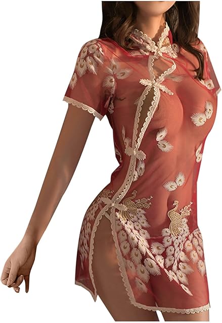 Women's Sexy Lace Mesh Transparent Cheongsam Cosplay Erotic Lingerie Open Front Side Button Mini Dress with G-String