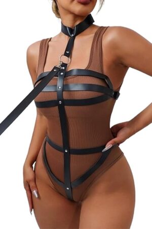 Adjustable PU Leather Body Harness with Collar & Leash  Strappy Gothic Chest Harness for Women  Sexy Bondage-Inspired Lingerie, Roleplay, Festival, Clubwear, Cosplay & Alternative Fashion Accessory
