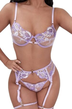 Women's Sexy Lingerie Set with Garter Belt Underwire Floral Embroidered 3 Piece Bra and Panty Sets Lace Babydoll YSN336