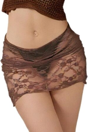 Women's Lace Mini Skirts Casual Low Waist Solid Color See Through Ruffle Skirts Bikini Coverup Skirts
