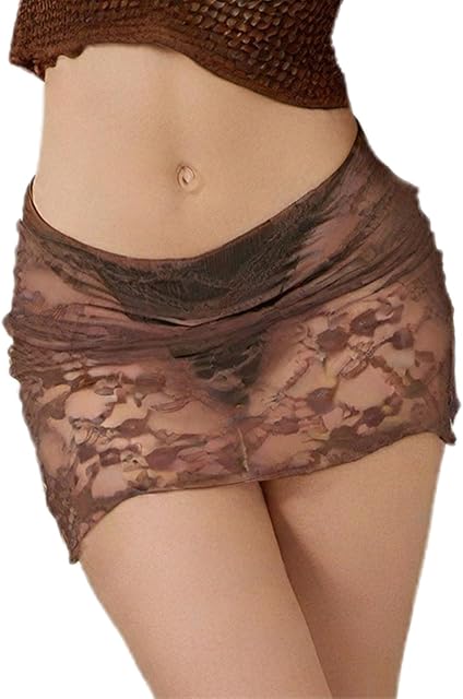 Women's Lace Mini Skirts Casual Low Waist Solid Color See Through Ruffle Skirts Bikini Coverup Skirts