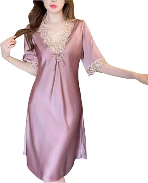 Womens Soft Nightgown House Dress Floral Lace V Neck Short Sleeve Night Gowns Comfy Sleepwear Elegant Loungewear
